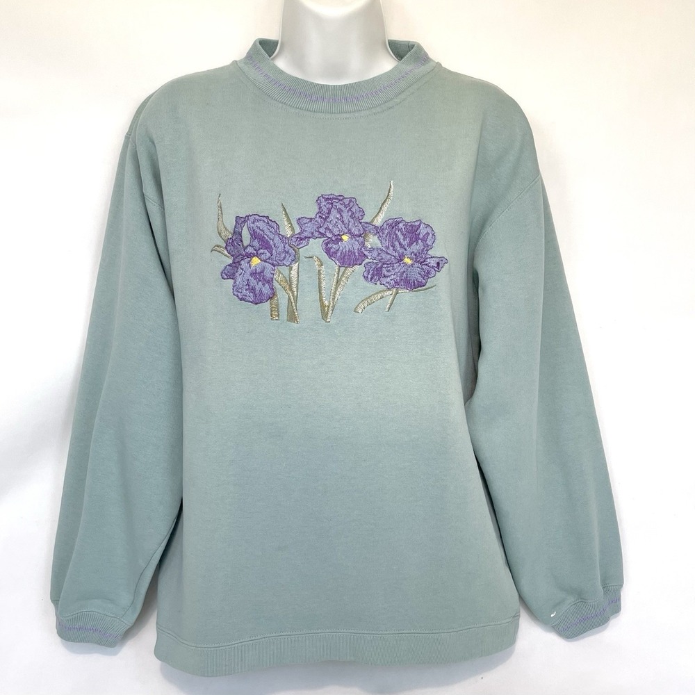 Vintage Antero Iris Embroidered Sweatshirt Mint Green Womens Medium Floral